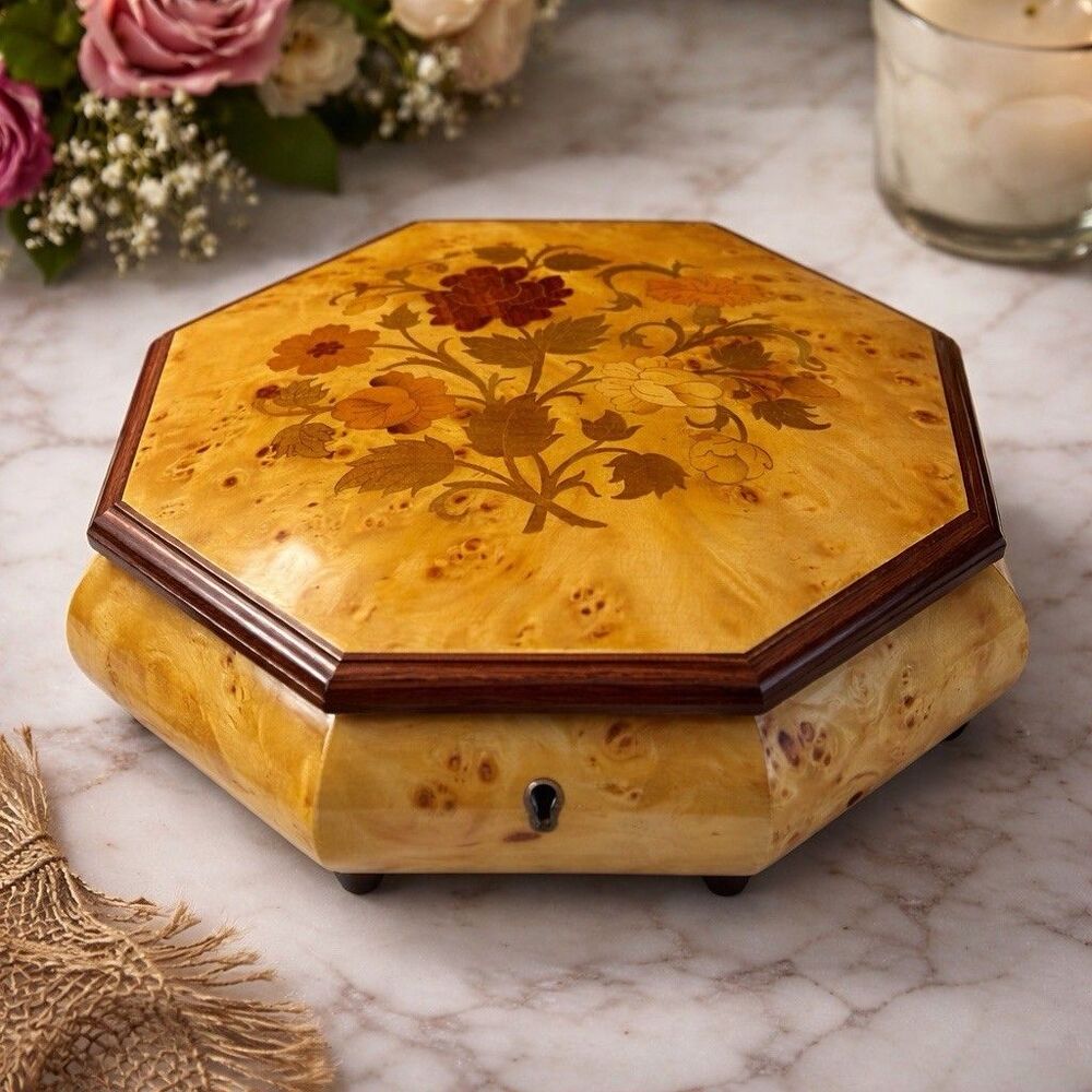 Reuge Vintage 1980s Swiss Music Box Jewelry Octagon Burl Floral Inlay Wood